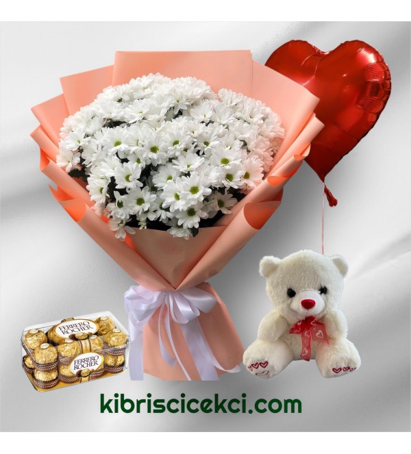 Maxi Boy Papatya Buketi Ayıcık 16'lı Ferrero Çikolata Kalp Helyum Balon